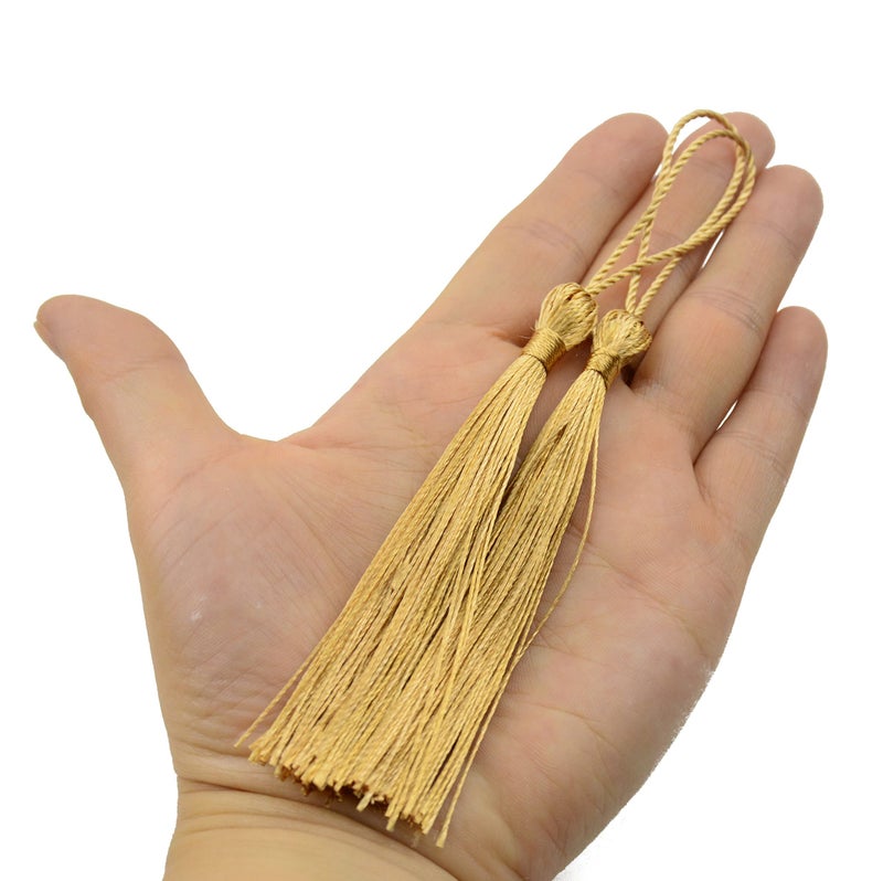 Makhry 100pcs 13cm/5 Inch Silky Floss Bookmark Tassels with 2-Inch Cord Loop and Small Chinese Knot for Jewelry Making, Souvenir, Bookmarks, DIY Craft Accessory (Champange) - Image 4